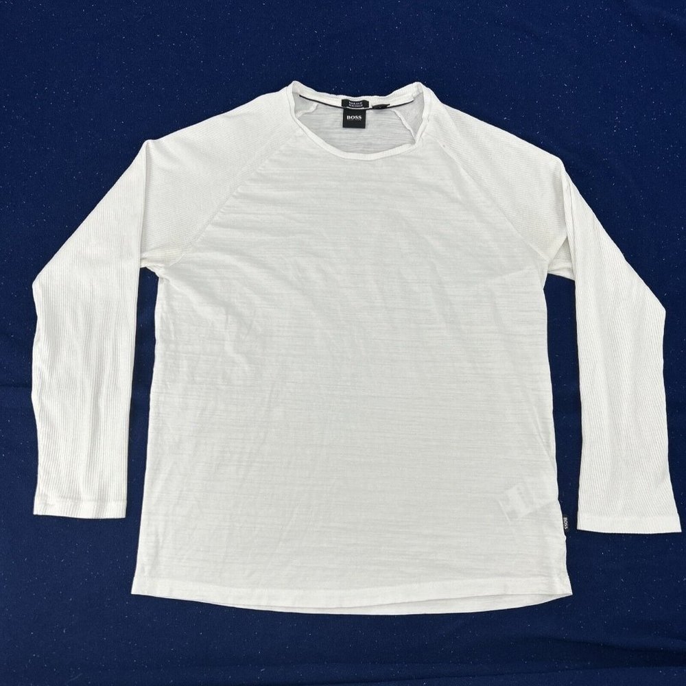 Boss Hugo Boss Shirt Men's L White Long Sleeve Crew Neck Regular Fit Ribbed